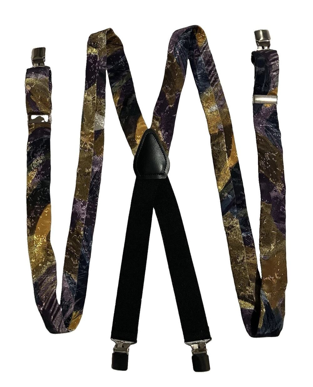 Mens Vtg Clip-On Silk Y-Back Suspenders Abstract Metallic Pattern Multicolor